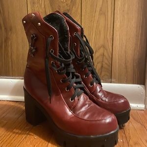 Deep red heeled combat boots alternative style